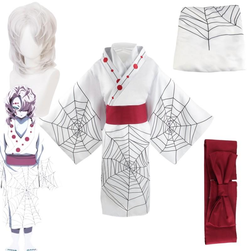 Neue Anime Dämon Slayer Kimetsu Keine Yaiba Spinne Oni Ayaki Rui Cosplay Unisex Kimono Full Set Halloween Karneval Kostüme M-(Costume+Wig)