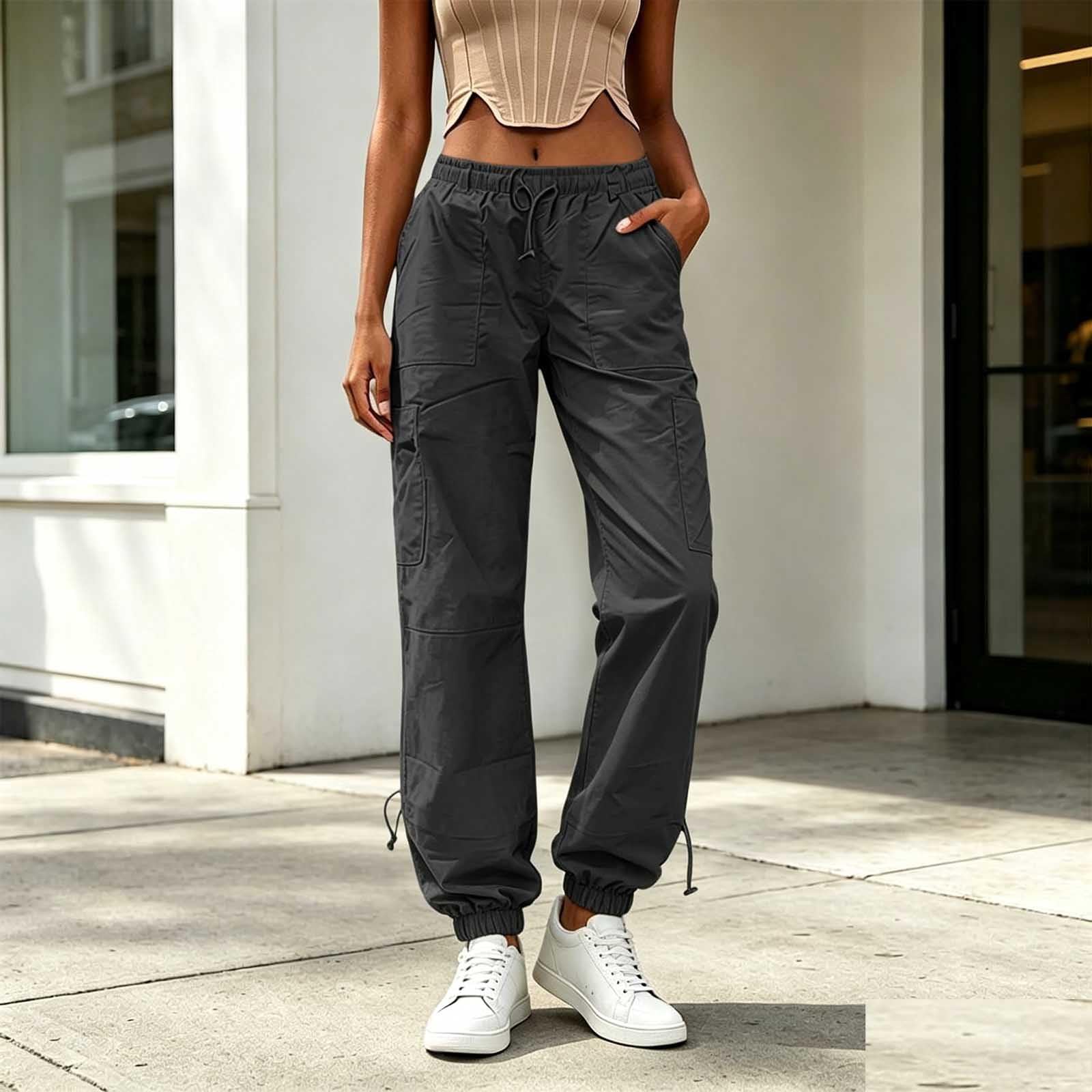 Damen Cargohose Lockerer Schnitt Kordelzug Taille Mehrere Taschen Gerades Bein Lässige Arbeitskleidung Hose M schwarz