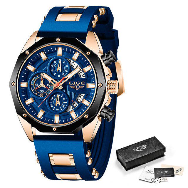 LIGE Neue Uhr Männer Luxus Marke Große Zifferblatt Uhren Männer Wasserdicht Quarz Armbanduhr Sport Chronograph Uhr blau/gold