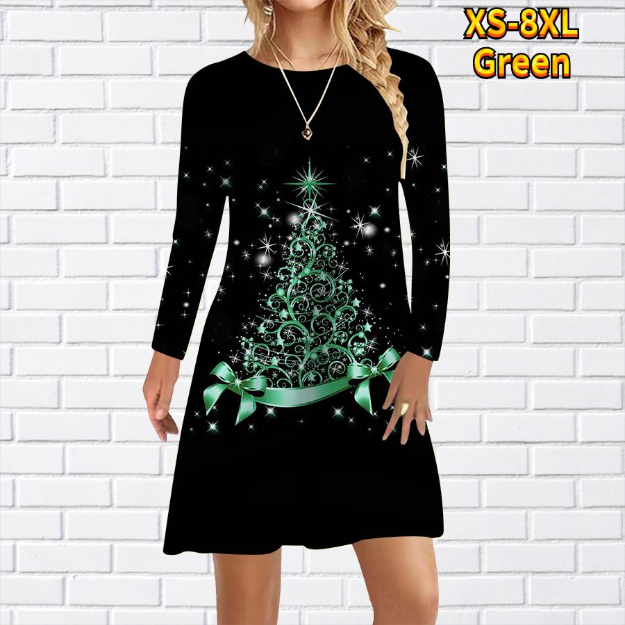 Damen Freizeitkleid mit Stern-Weihnachtsbaum-Print, Kleider für Damen, O-Ausschnitt, kurzärmelig, Übergröße L grün
