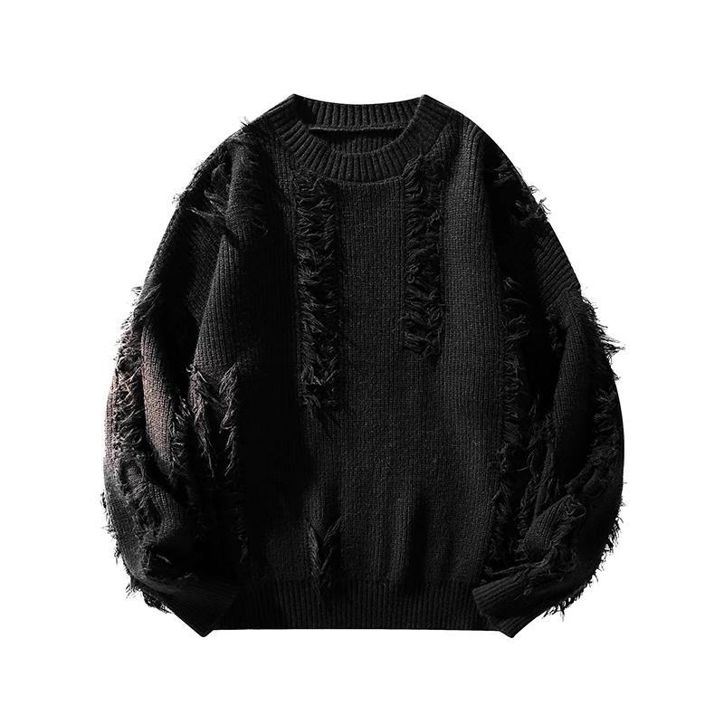 Herbst Winter 2025 Herren O-Ausschnitt Locker Retro Pullover Herren Koreanischer Trend Quastenpullover Herren Dick Warm Lässiger Pullover Männliche Strickoberteile M schwarz