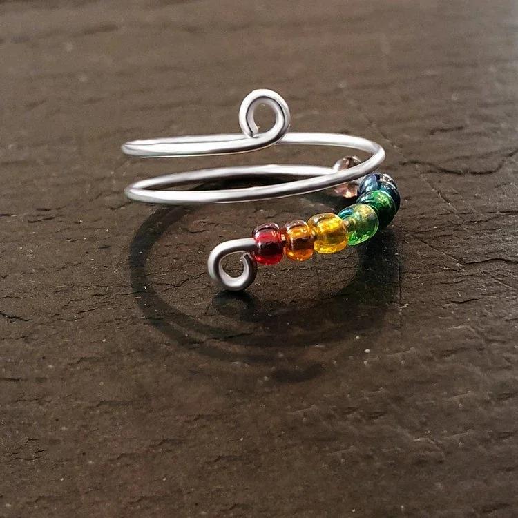Regenbogenperlen Angstring für Frauen Dreht sich frei Anti-Stress Verstellbarer Spinner Fidget Ring Böhmischer Schmuck Weihnachtsgeschenke resizable black
