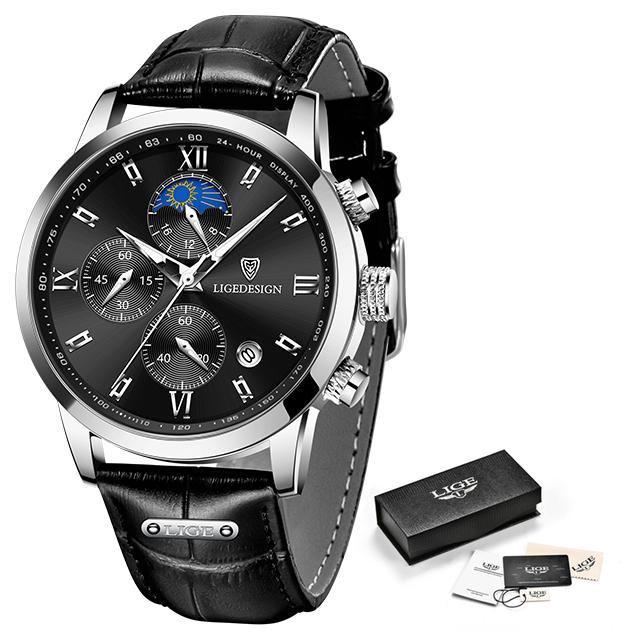 LIGE Neue Herrenuhren Business Fashion Uhr Mann Top Marke Luxus Leder Armbanduhr Quarz Chronograph Sport Wasserdichte Auto Datum Uhr silber/weiß