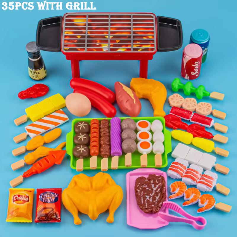 Baby Pretend Play Küche Kinder Spielzeug Simulation Grill Kochgeschirr Kochen Lebensmittel Rolle Spielen Pädagogisches Geschenk Spielzeug für Mädchen Kinder 35pcs with grill