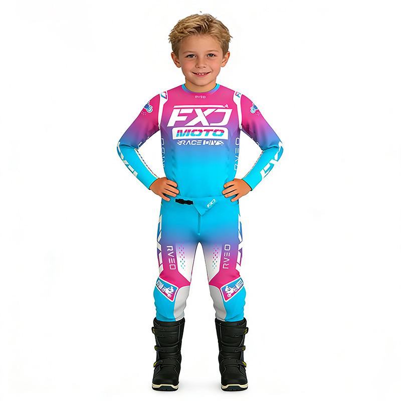GRÖSSE 20 22 24 26 28 FXJ Kinder Enduro Motocross Ausrüstungsset MX Trikot Hose Motorrad Kits MTB Off Road Jugend Rennanzug S-30 (48-62KG) rosa
