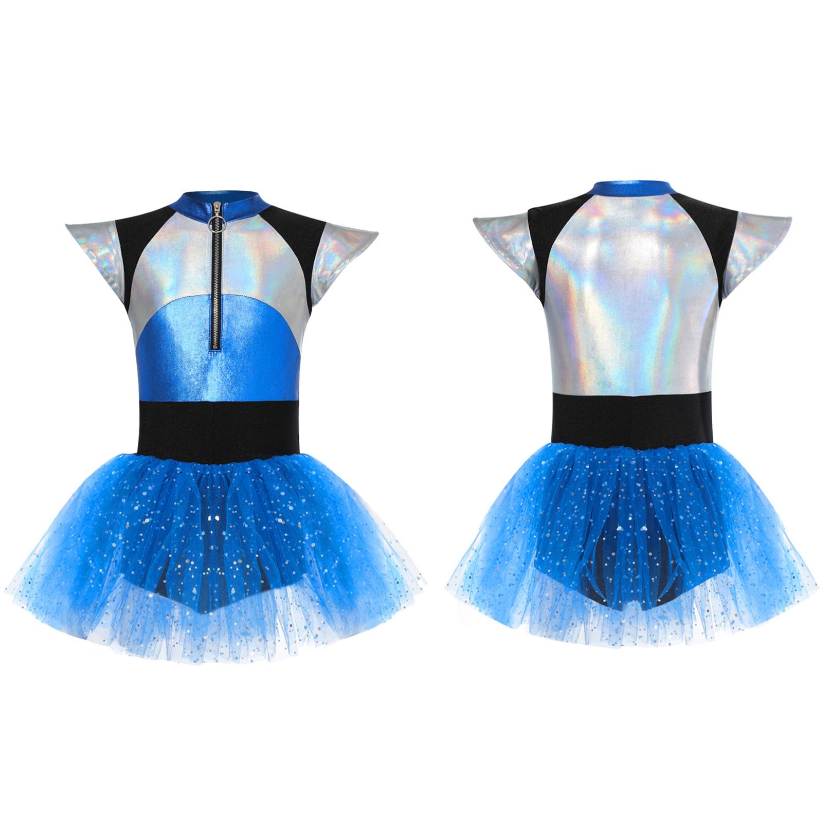 Kinder Mädchen Alien Cosplay Kostüm Cheerleading Kleid Glänzende Pailletten Tutu Kleid Halloween Dress Up Performance Kostüm 11-12 Years blau