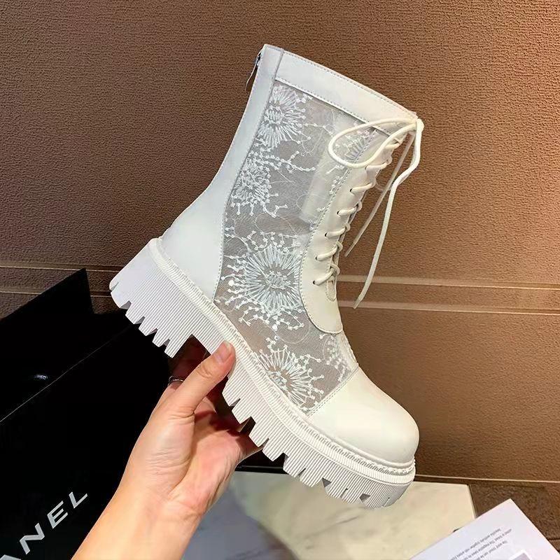 2024 Neue weiße, atmungsaktive Mesh-Stiefel mit dicker Sohle, vielseitige Sommerstiefel, ausgehöhlte Stiefel, Frühling/Sommer, dünner Stil 38 off-weiße
