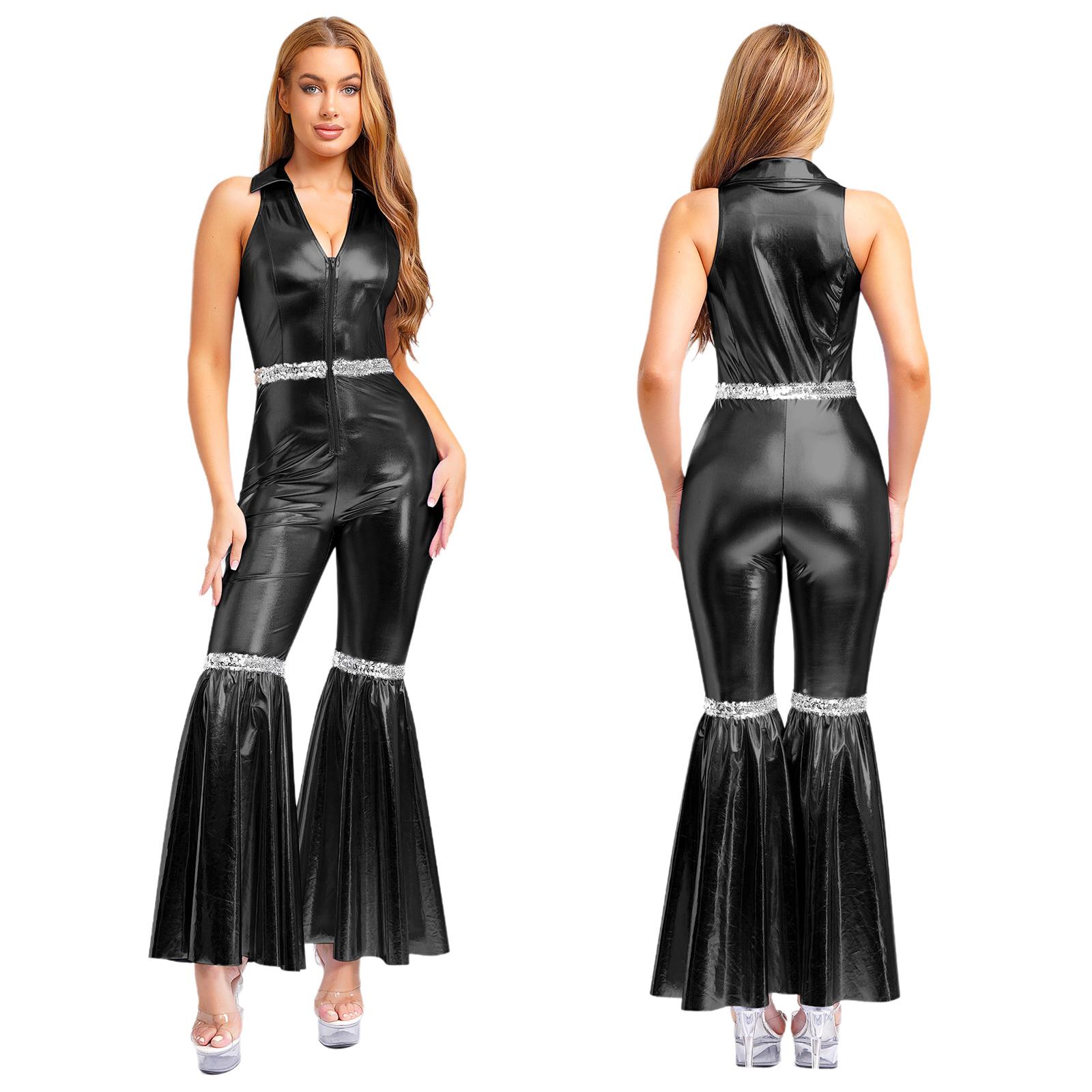 Damen 70er Disco Jumpsuit - Revers V-Ausschnitt Ärmelloser Jumpsuit mit Pailletten & Schlaghosen für Retro-Party M schwarz