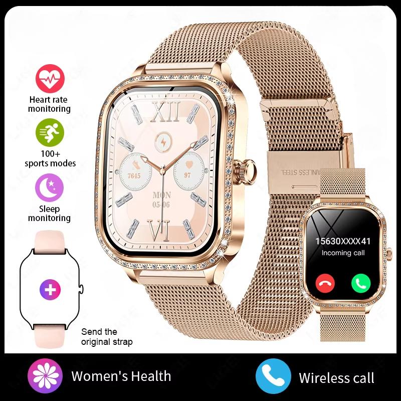 2025 Neue Smartwatch Damen 1,75 HD-Display Herzfrequenzmesser IP68 Wasserdicht Sport Fitness BT Anruf Smartwatch Für Dame Geschenk Mesh Belt gold