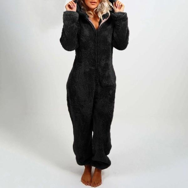 Modischer Onesies-Schlafanzug aus Fleece, Nachtwäsche, Overall, Übergröße, Kapuzen-Set, Schlafanzug für Damen und Erwachsene, für den Winter, warmer Pyjama für Damen XXXL schwarz