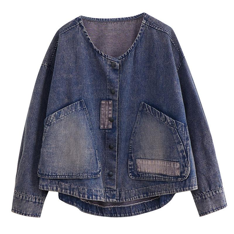 Jacke Mäntel Frauen Solide Mäntel Casual Lose Denim Baumwolle Knöpfe Kurze Jacke Plus Größe XL blau