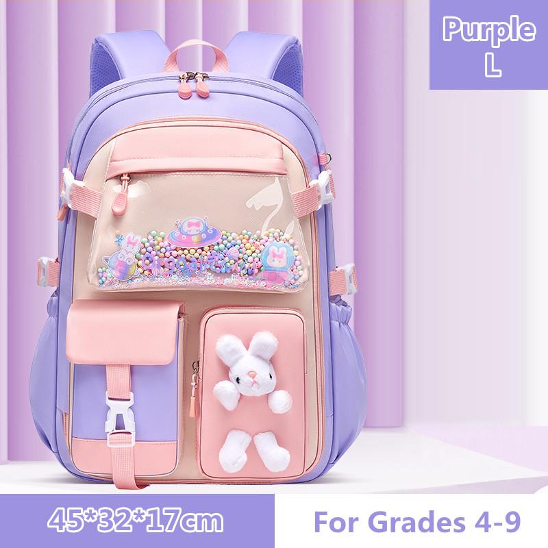 Niedlicher Prinzessinnen-Schulrucksack, wasserdichter Rucksack für Grundschüler der 1.-3.-6. Klasse, Mädchen-Kaninchen-Schultaschen L violett