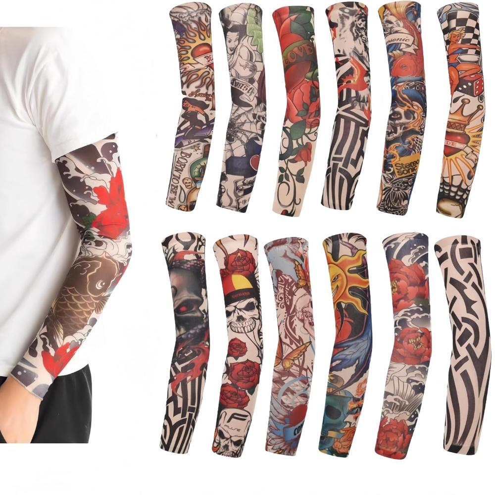12 Stück Tattoo Ärmel Abdeckung Kunst Gefälschte Arm Tattoo Ärmel Abdeckung für Männer Frauen Nylon Arm Ärmel Elastische Socken Biker Sleevelet Halloween Tattoo Hip Hop