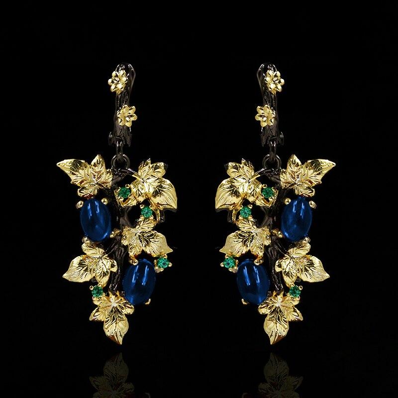 Elegante schwarze Gold-Rubin-Anhänger-Blumen-Blatt-Ohrringe Kristall-Edelstein-Damen-Schmuck-Ohrringe Silber-Frauen für Ohrringe blau