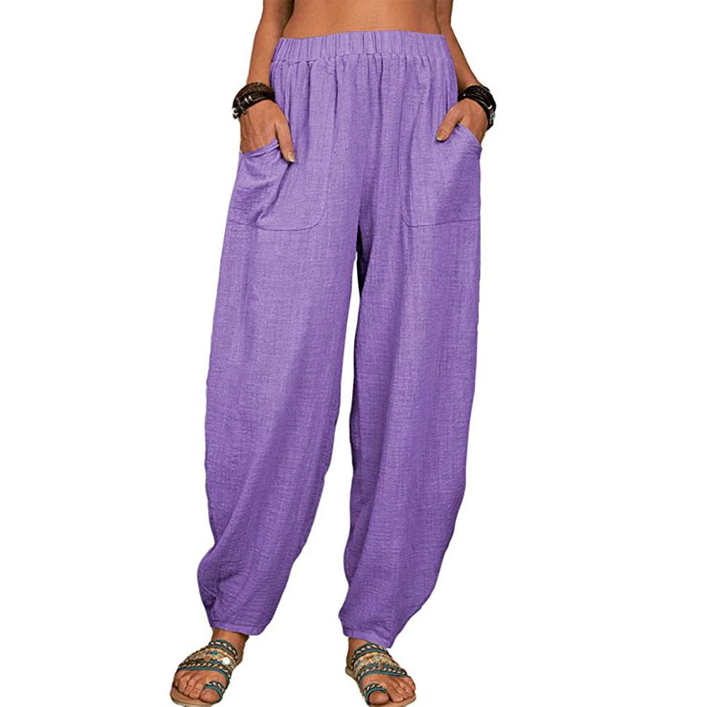 Haremshose für Damen, Sommer, lässig, Retro, große Größe, Hose aus Baumwolle und Leinen, elastische Taille, Hose mit weitem Bein, Haushose L violett