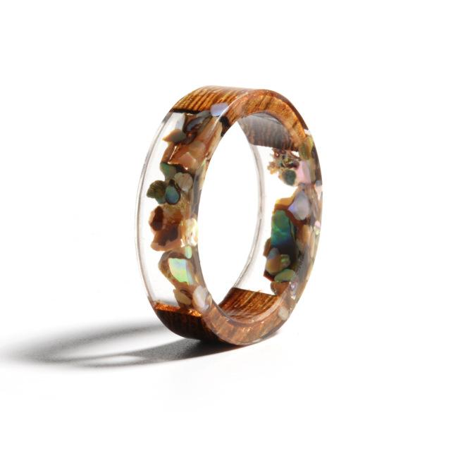 Holz-Harz-Ring, transparenter Epoxidharz-Ring, modischer handgefertigter getrockneter Blumen-Hochzeitsschmuck, Liebesring für Frauen, neues Design 11 brown