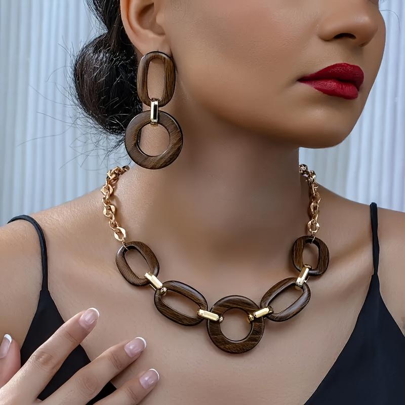 Geometrisches Schmuckset aus Holz, Bohemian-Stil, Retro-Western-Design, Statement-Kombination aus übergroßen Ohrringen und Halskette, modisches Accessoire für Frauen braun