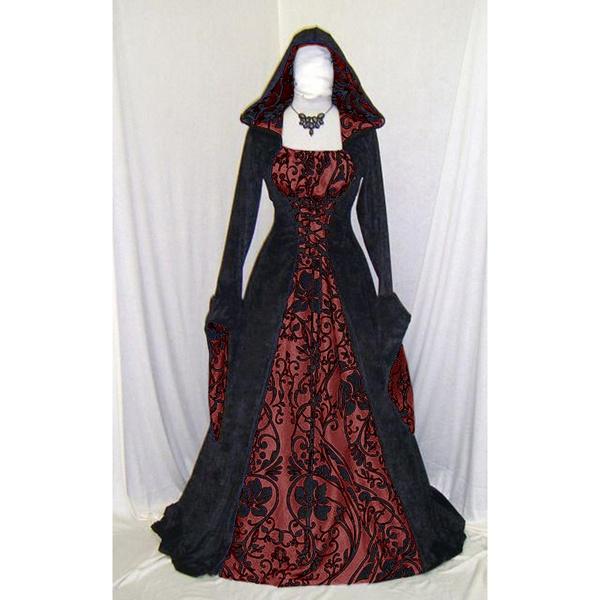 Damen Gothic Maxikleid Halloween Cosplay Kleider Retro Langes Mittelalterkleid S rot
