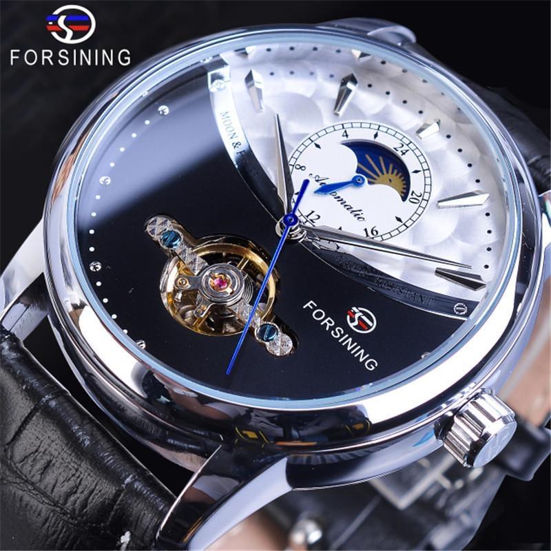 FORSINING Luxus Automatische Mechanische Uhren Herren Sonne Mondphase Tourbillon Uhr Wasserdicht Herren Armbanduhr schwarz/silber