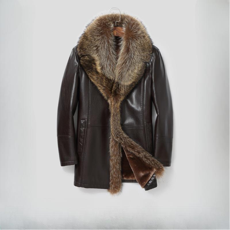 Echtes Leder Lederjacke Herren Mittellanger Anzugkragen Pelz Eine Lederjacke Herren Waschbär Pelzkragen Mantel XXXL braun
