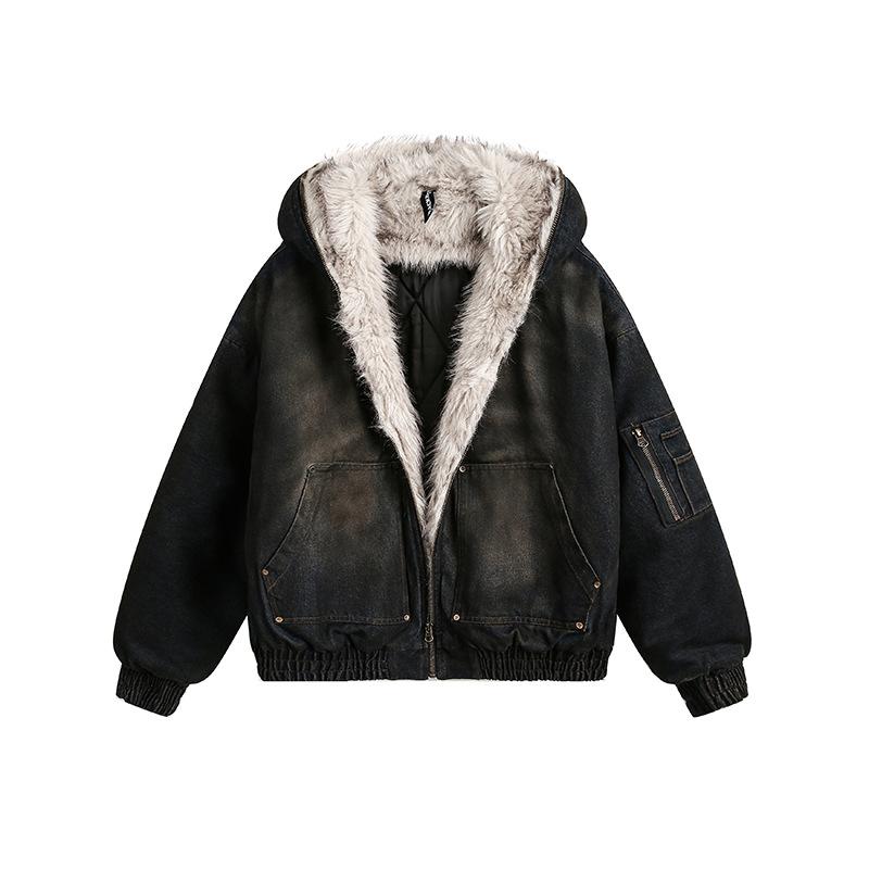 Herren Gepolsterte Jacken Mode Denim Fleece Kapuze Abgenutzt Reißverschluss Patchwork Locker Winter Herrenbekleidung Stilvoll M blau