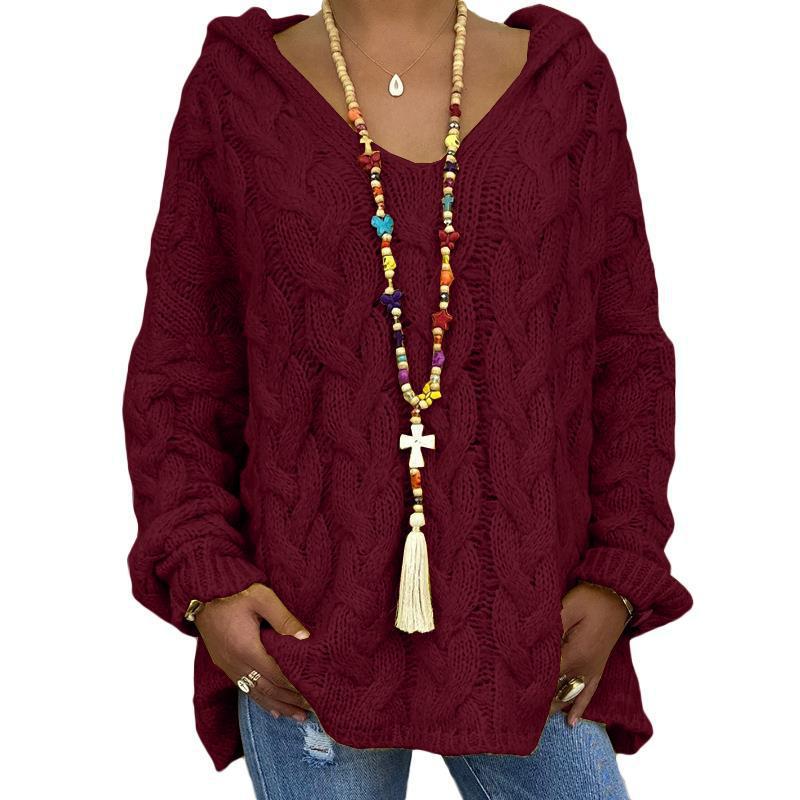 JKASHDK Damenmode Lässiger Einfarbiger Druck Herbst Winter Langarm Lose Pullover XXXL bordeaux