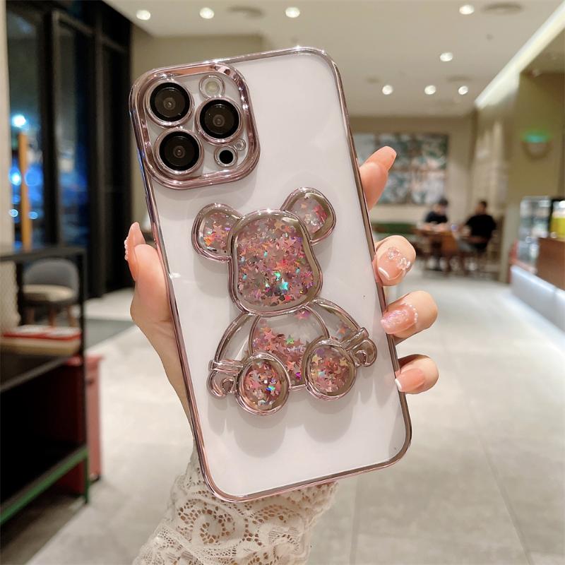 Cartoon Bär Glitzer Treibsand Hülle für iPhone 17 16 15 14 Pro Max 13 12 11 X Xr Xs 7 8 Plus Transparent Verchromt Kamerafolie Weiche Hülle iPhone 15 rosa