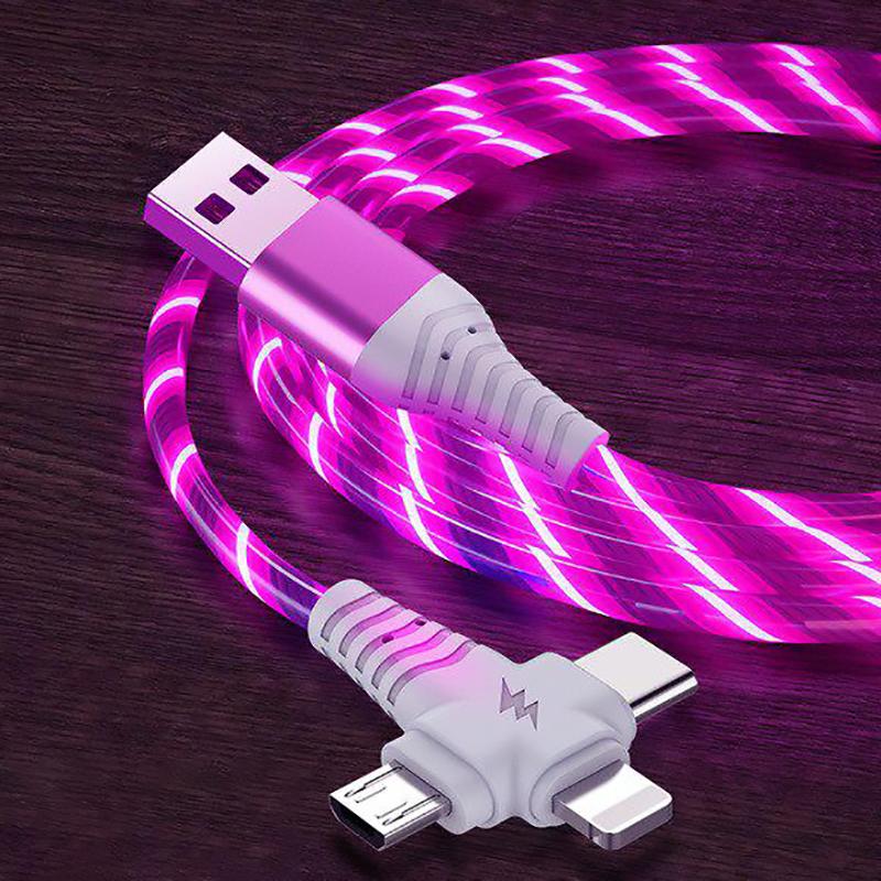 VAORLO 3-in-1 leuchtendes Ladekabel, 2,1 A, schneller Ladefluss, leuchtende Beleuchtung, USB-Kabel für Samsung iPhone XiaoMi HuaWei rot
