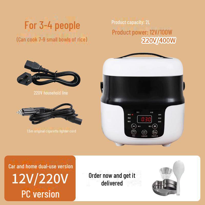 Kompakter 2L Multifunktions-Reiskocher für das Auto (12-24V) 12V-220V for home and car weiß/schwarz
