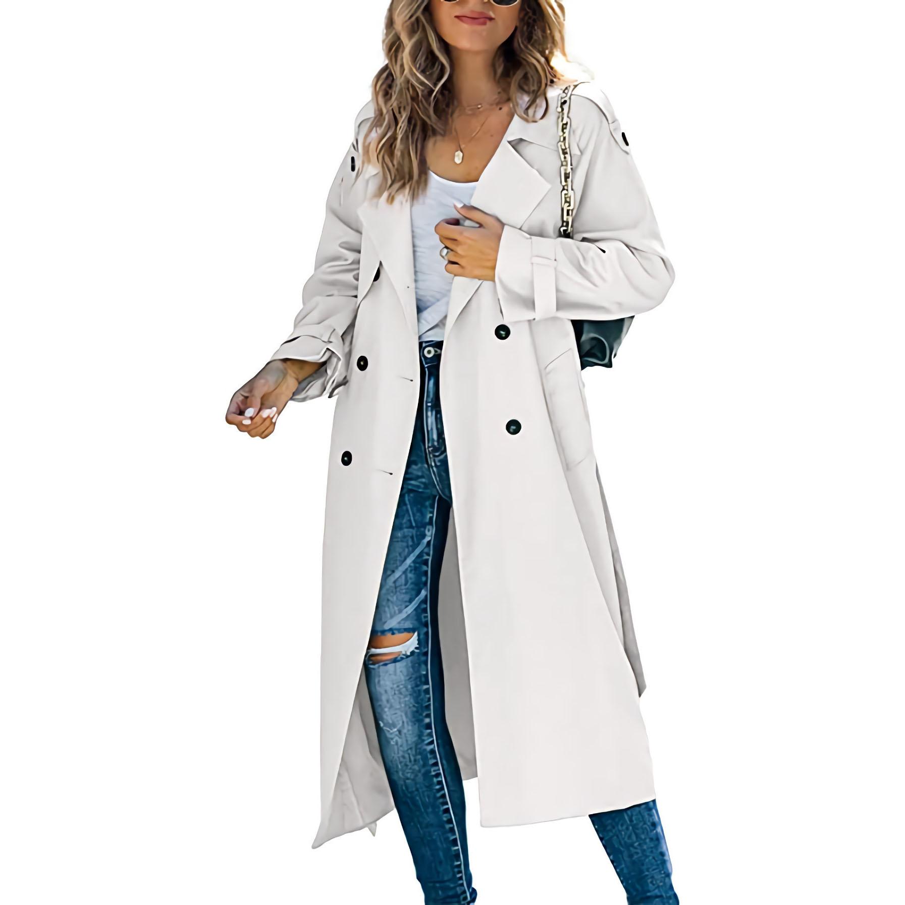 Damen Vintage Langer Trenchcoat Klassischer Zweireihiger Revers Langarm Winddichter Mantel mit Gürtel Elegante Jacken Streetwear M weiß