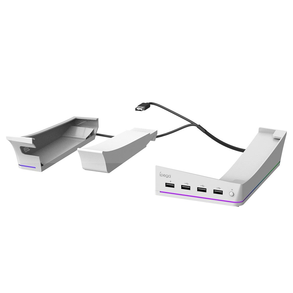 RGB-Horizontalständerkonsole mit 14 Lichtmodi und 4 USB-Hubs, Seitenständer für PS5 Slim Disc & Digital, Basishalter mit schnellem Controller-Laden 22*12.4*6.1cm weiß