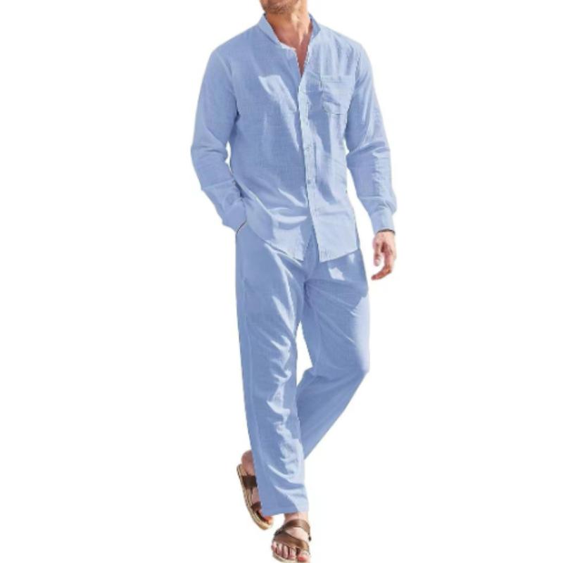 Herren Strand Trainingsanzug Set Herren Anzug Lässig Leinen Zweiteilige Sets Langarmhemd und Lange Hose Anzug L himmelblaue