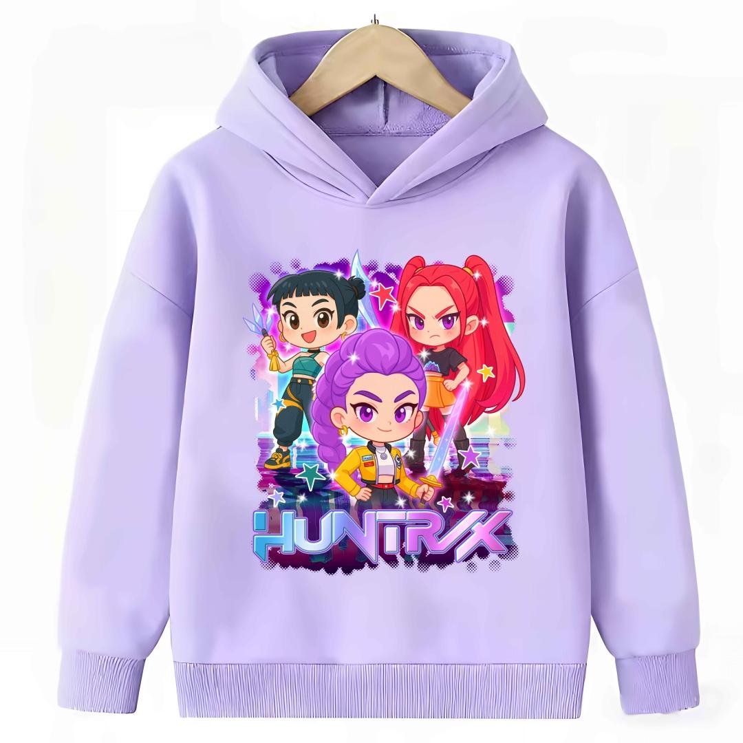 KPop Dämonenjäger Cartoon Mädchen Junge Kapuzenpullover Warmes Kinder Lila Sweatshirt Mode Lässige Oberteile Mädchen Kleidung 160