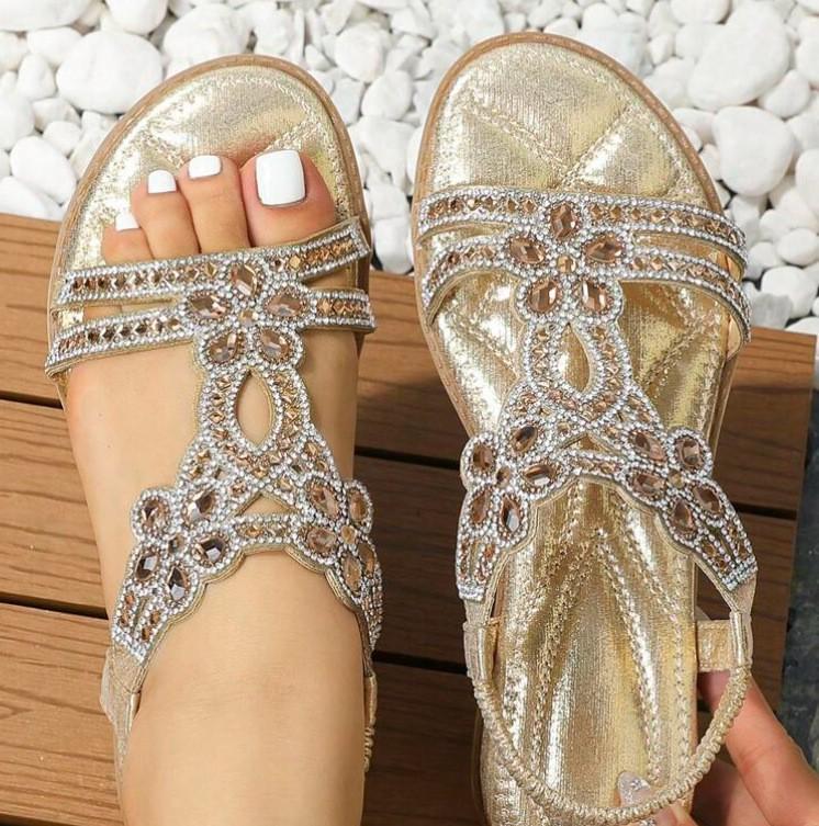Mode Damen Übergröße hohle Sandalen Mode Strass flache Schuhe Böhmischer Stil bequeme Damenschuhe Sommer lässiger atmungsaktiver Schuh 42 gold
