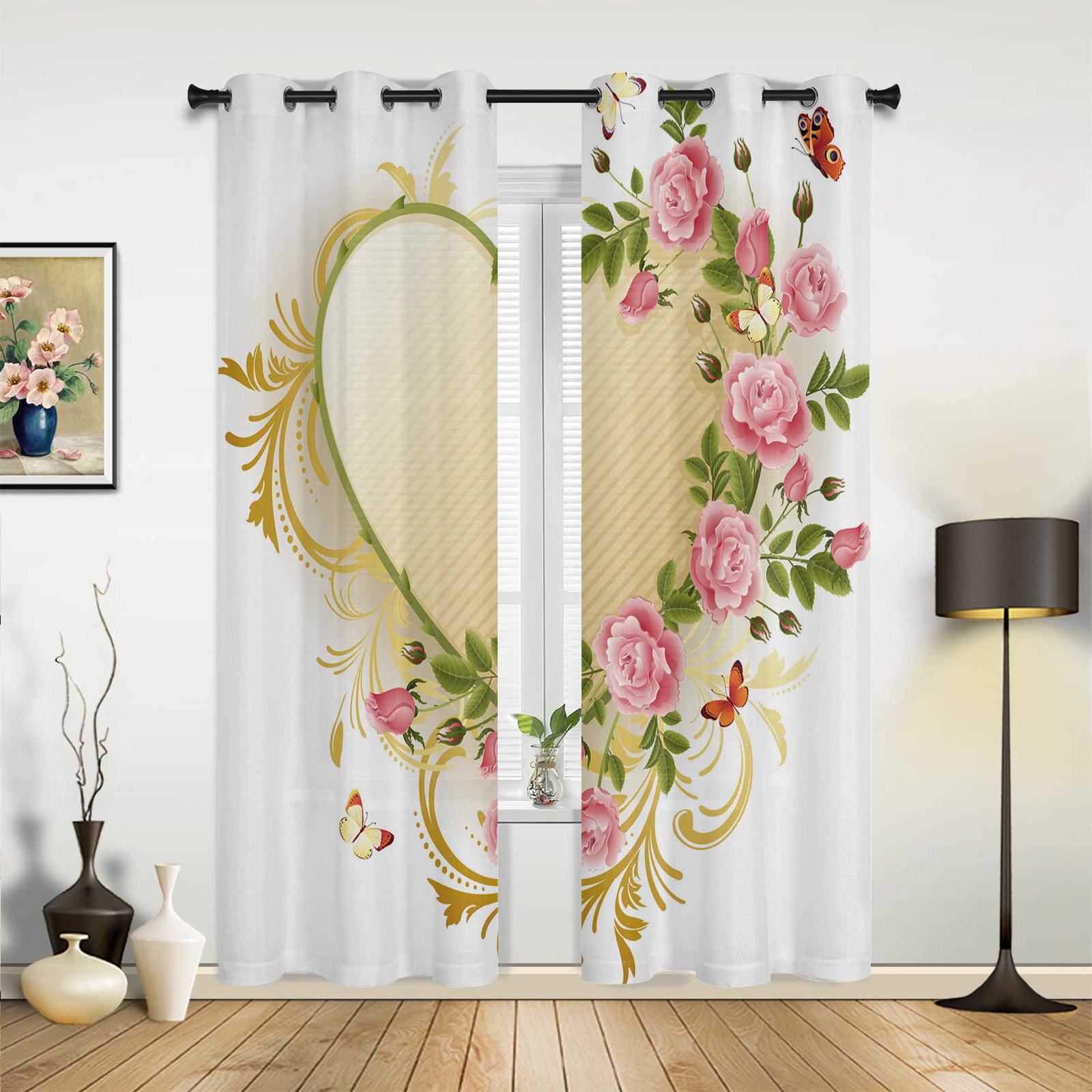 Rosa Mädchen Blume Schmetterling Fenster Vorhänge Heimdekoration Wohnzimmer Vorhänge Kinderzimmer Vorhänge Vorhang für Küche Schlafzimmer W60H60(CM)x2pcs&Grommet Top beige