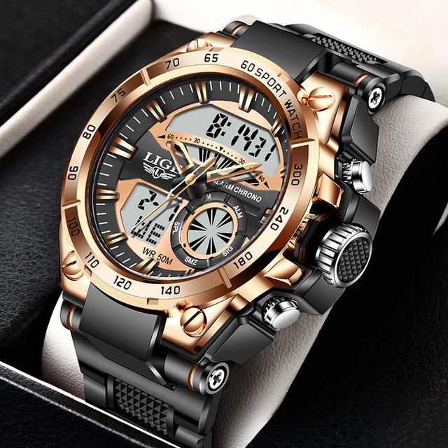 LIGE Herrenuhren Top-Marke Große Sportuhr Luxus Herren Militär Silikon Quarz Armbanduhren Mode Chronograph Männliche Uhr rose gold