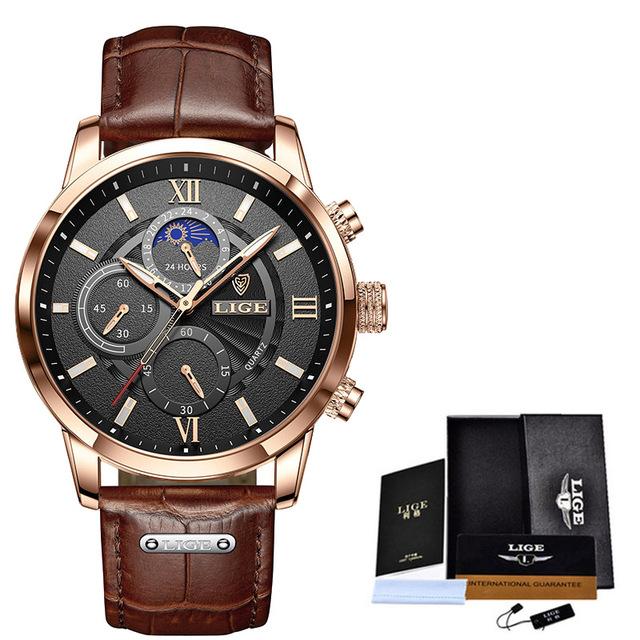2021 LIGE Uhren Herren Top Marke Luxus Uhr Casual Leathe 24 Stunde Mondphase Männer Uhr Sport Wasserdicht Quarz Chronograph + Box schwarz/gold