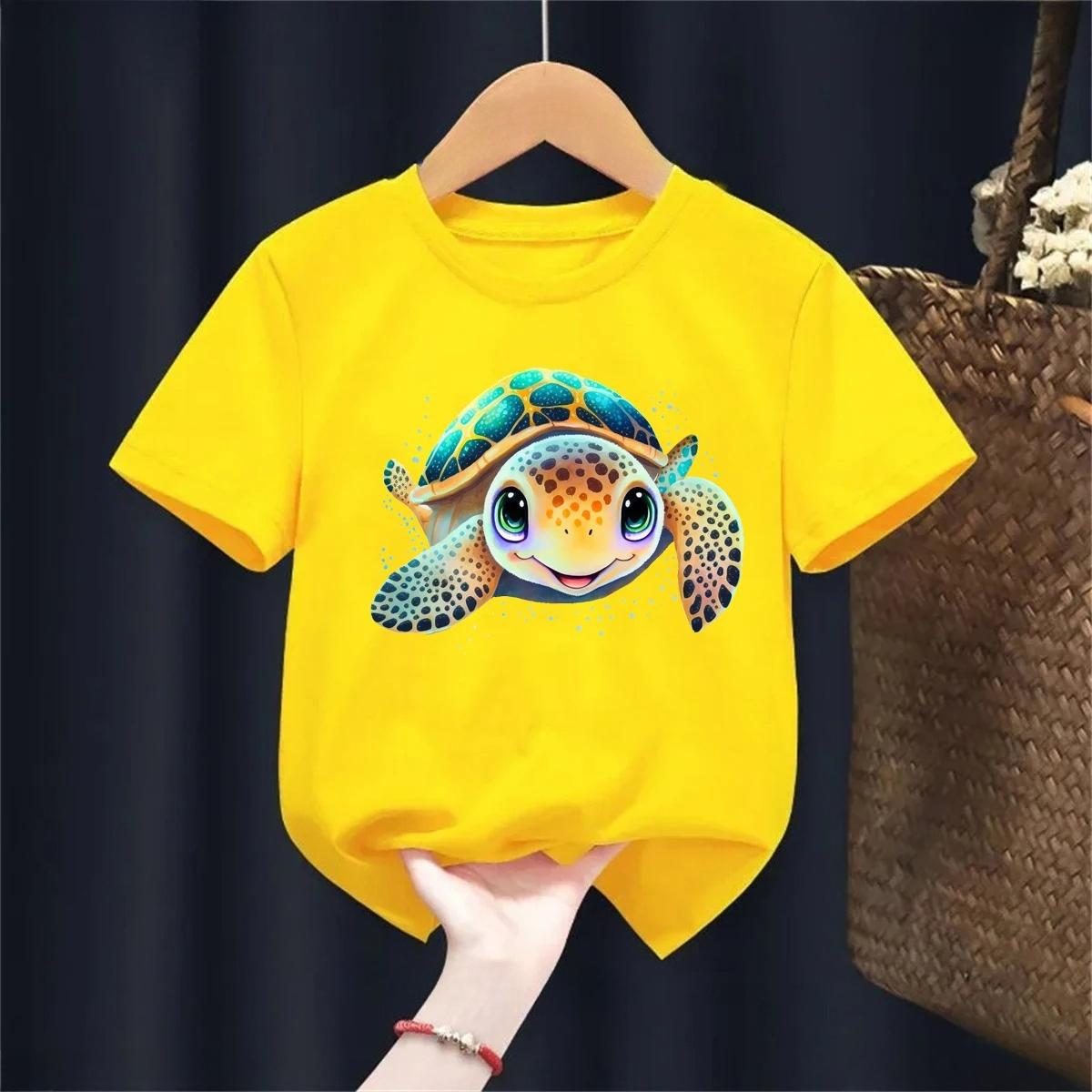 Cooles T-Shirt mit Meeresschildkröten-Print für Mädchen/Jungen Harajuku Sommer Kinderkleidung Rosa/Gelb/Grau/Blau/Schwarz/Weiß T-Shirt Tops 100 yellow