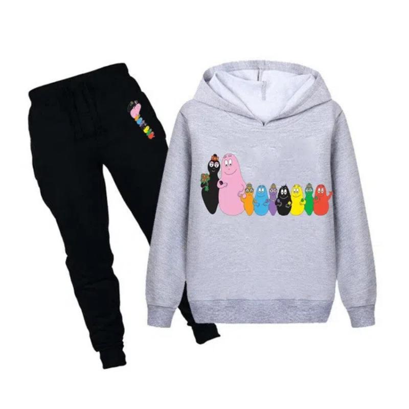 NEU Mode Kinder Niedliche Sportkleidung Barbapapa Bedruckte Hoodies + Hosen Set Lässige Kapuzen-Sweatshirt-Anzüge Trainingsanzug Geeignet für Jungen und Mädchen 130cm grau