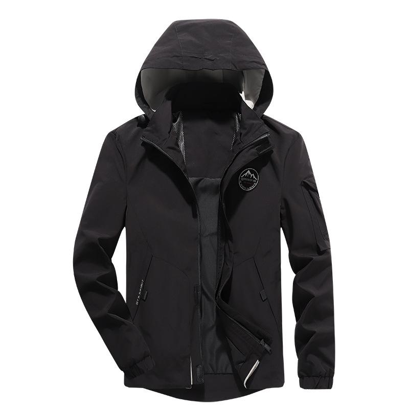 Jacke Herren Loose Plus Size Jacke mit mehreren Taschen, kann die Kapuze abnehmen, Arbeitsmanteloberteil XL schwarze bohne