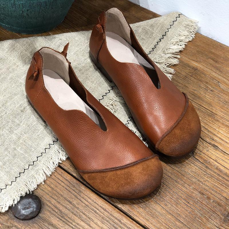 2024 Freizeit Retro Einfache Echtleder Bean Damenschuhe Handgemachte Echtleder Damenschuhe Weicher Flacher Boden Runder Kopf 39 braun