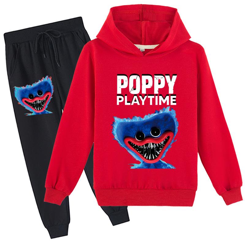 3D-Hoodie-Set für Kinder Huggy Wuggy Pullover-Trainingsanzug Poppy Playtime Kinderpullover + Hose 130cm rot