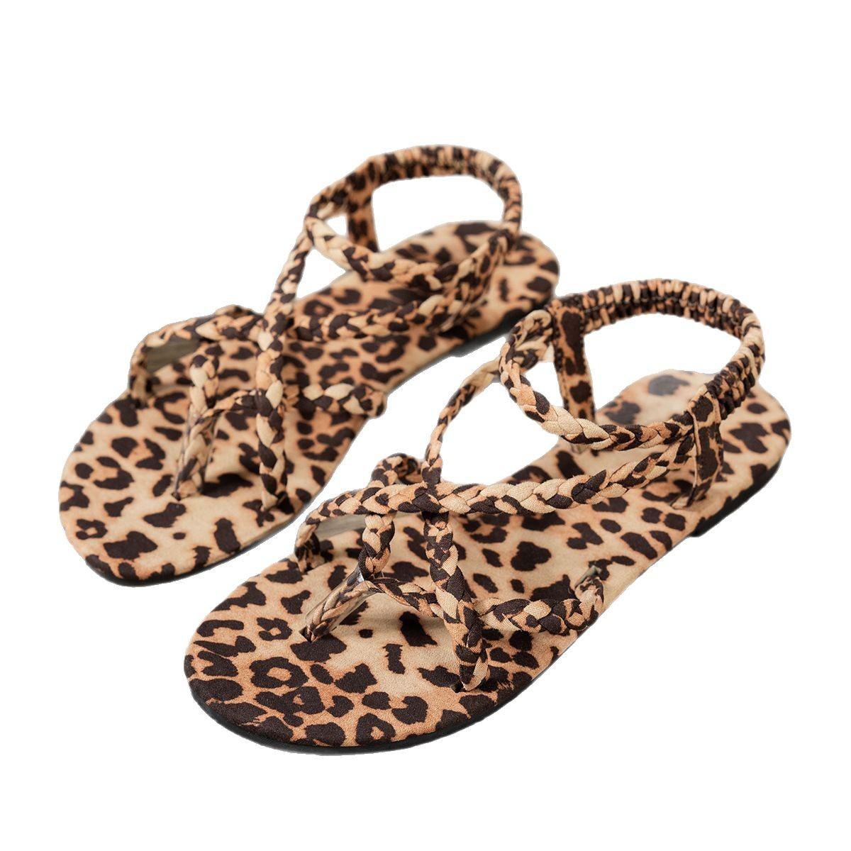 Sexy flache Sandalen mit Leopardenmuster für Damen, Unterseite aus Sommerstoff mit Gummisohle, Penny-Loafer mit offener Spitze, bequeme, lässige Sommerschuhe, ohne hohen Absatz 36 Leo-Print