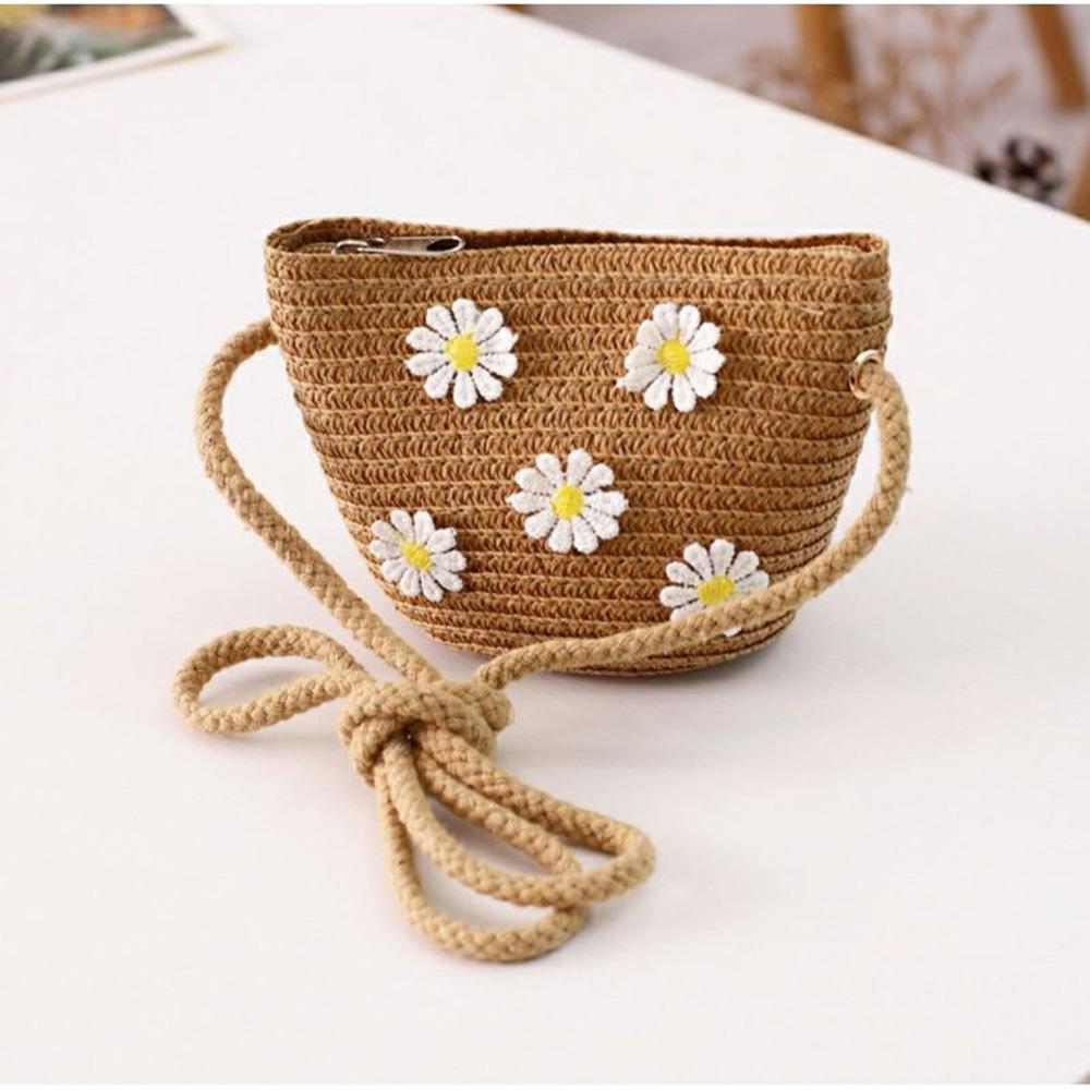 Kinder Süße Handtasche Kinder Weben Schultertaschen Mode Stroh Umhängetasche Für Mädchen Aus Natürlichem brown