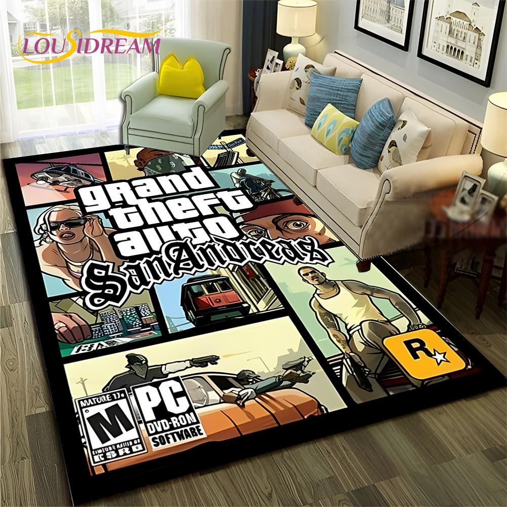 GTA 3D Spiele Grand Theft Auto Gamer Teppich Teppich für Zuhause Wohnzimmer Schlafzimmer Sofa Fußmatte Dekor, Kinderbereich Teppich Rutschfeste Bodenmatte 100*120cm