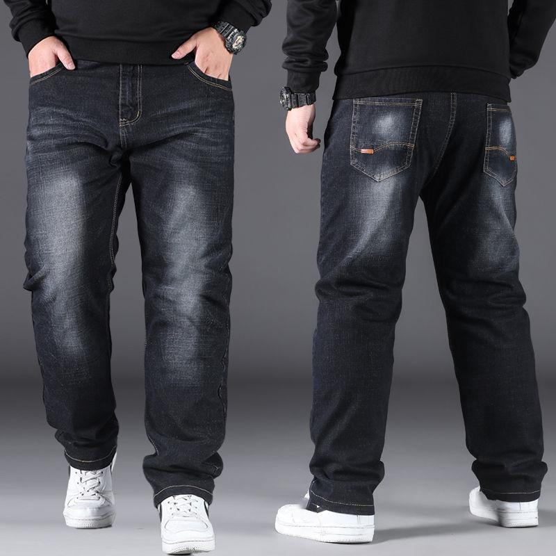 Große Baggy Jeans Herren Denim Jeans Gerade Hose Warm Hohe Taille Elastische Hose Blaue Hose Herrenbekleidung 34 gray