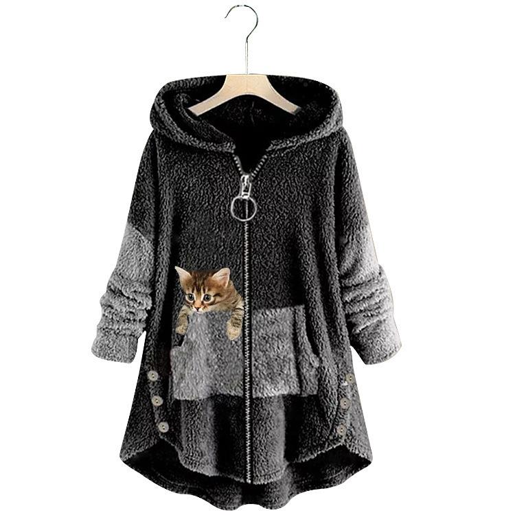 Frauen Mit Kapuze Mantel Winter Plus Samt Langarm Jacken Winter Nette Katzen Ohren Mit Kapuze Unregelmäßige Saum Zipper Jacke Fleece mantel XXL schwarz