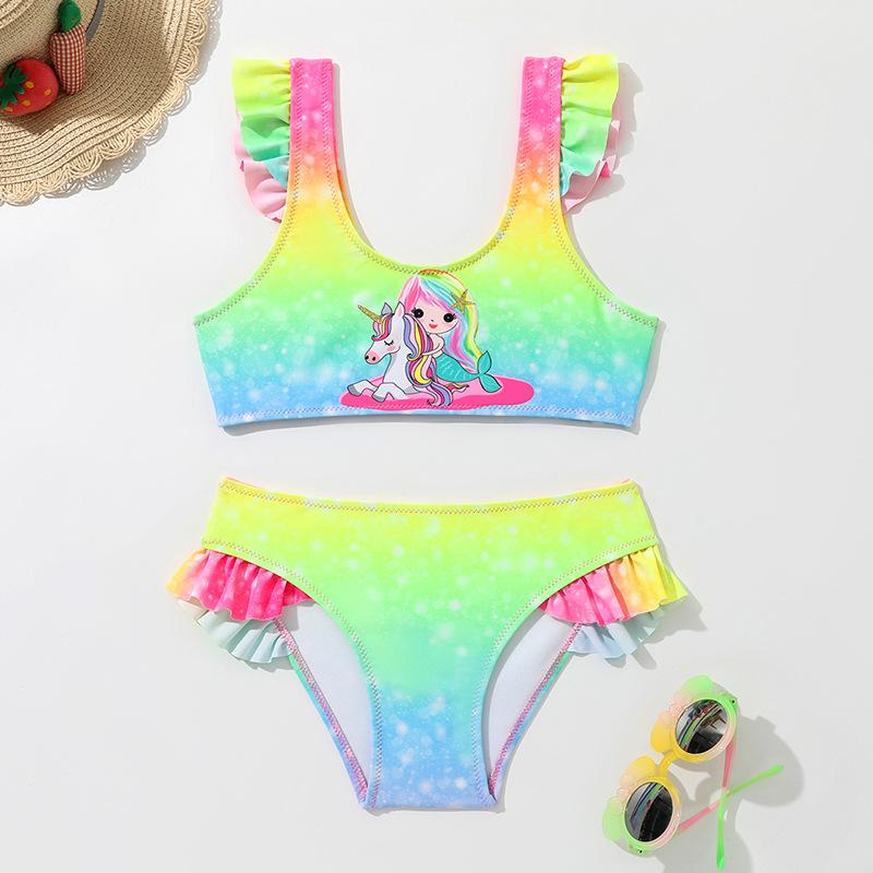 Modischer zweiteiliger Badeanzug für Kinder mit Rüschen und Regenbogen-Print für Mädchen, Tankini-Badeanzug, Tanktop und Slip mit Einhorn-Print für Kleinkinder, süßer Badeanzug 90 grün