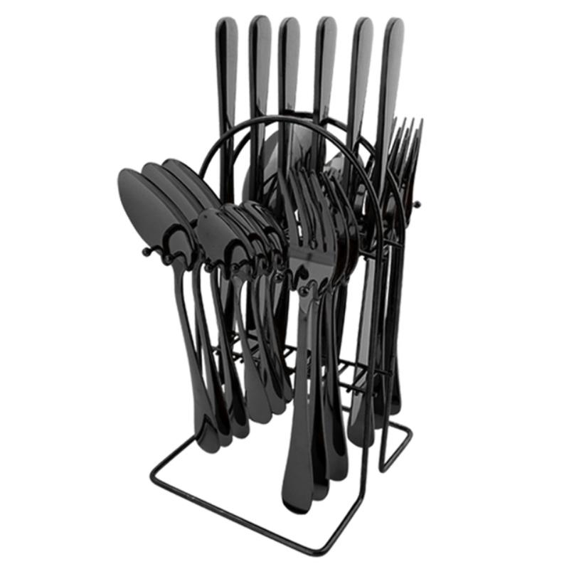 24-teiliges Besteck-Set auf Gestell, Edelstahl-Besteck-Set für Zuhause, Restaurant, Messer, Gabel, Löffel-Set, Küche, Abendessen, Besteck mit Halter schwarz