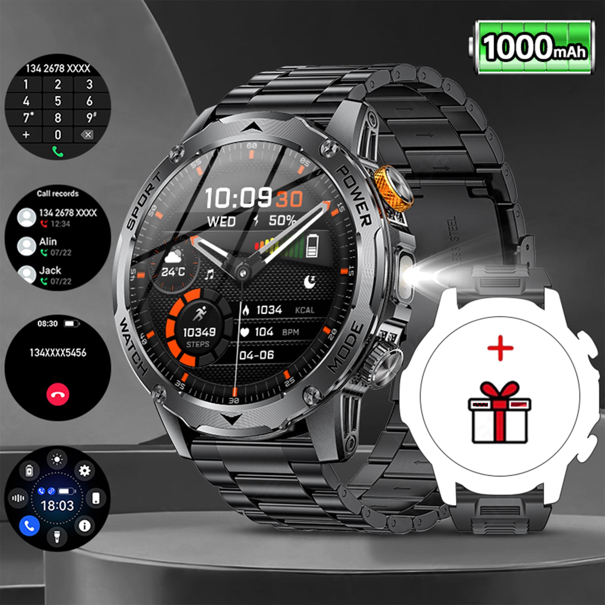 LIGE 1000mAh Superkapazität Akku Herren Smartwatch 1,7-Zoll Großbildschirm Bluetooth Anruf IP68 Wasserdicht Sport Smartwatch steel strap schwarz